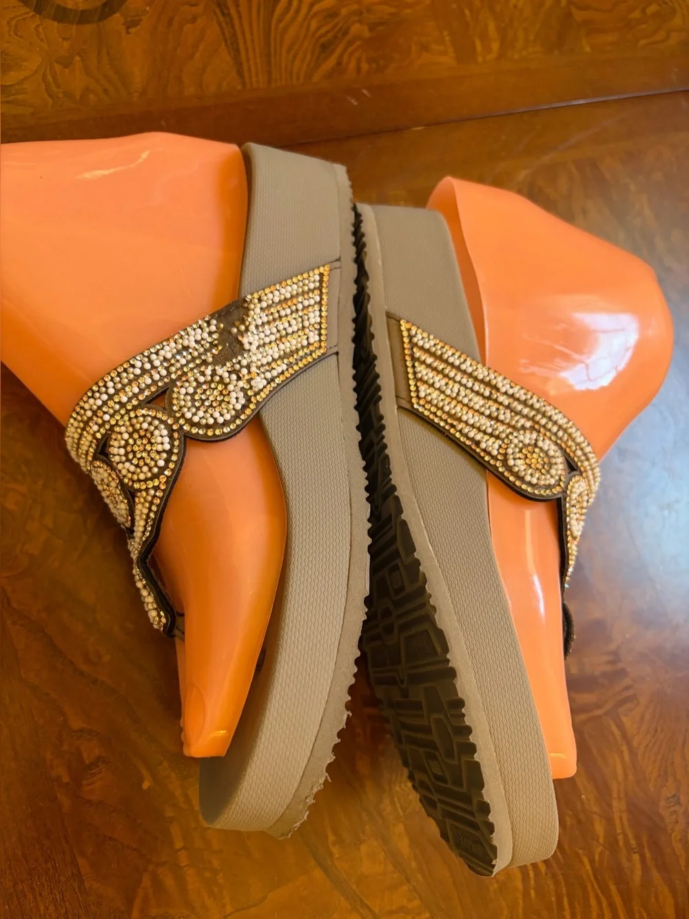 Skechers Taupe Wedge Thong Sandals with Gold Rhinestone Accents
